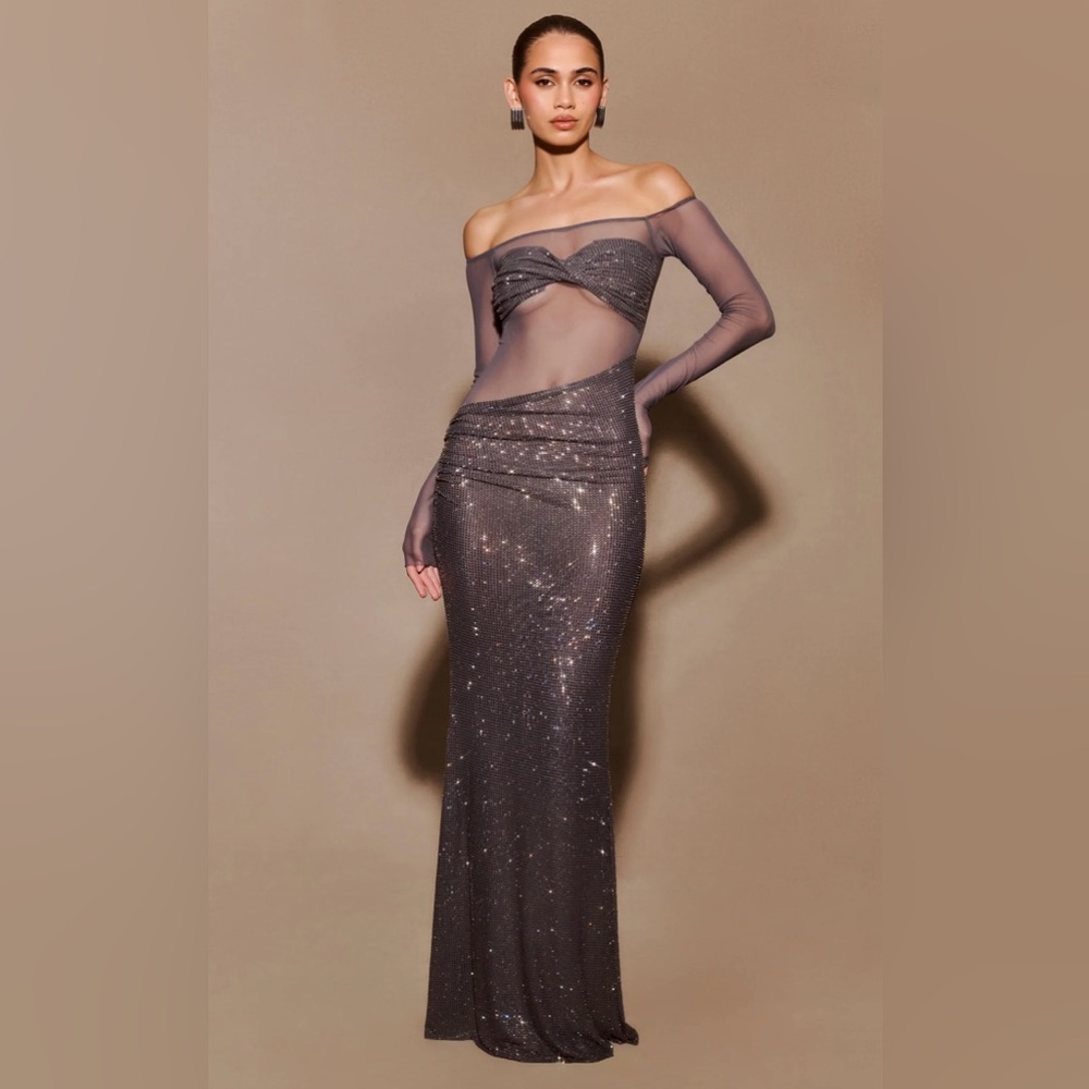Diamante Off Shoulder Maxi Dress - Gunmetal